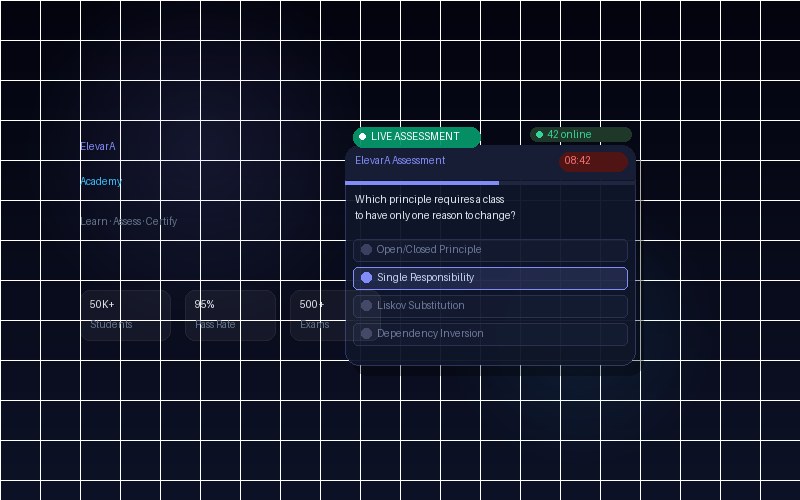ElevarA Academy — live assessment interface showing a timed exam question with multiple-choice options, progress bar, and 42 students online