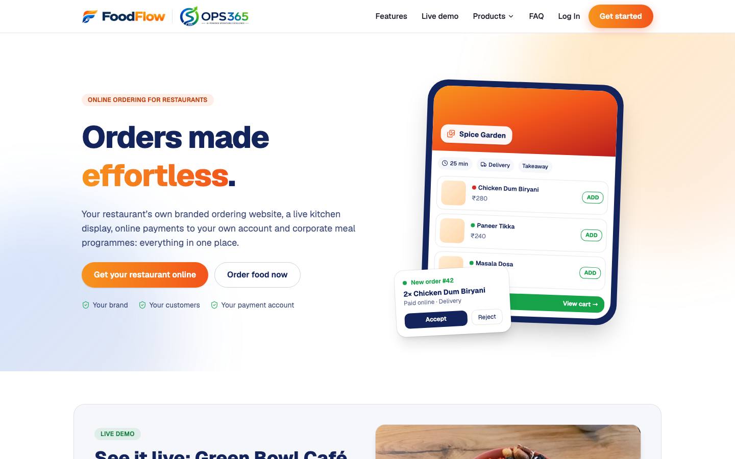 FoodFlow welcome page — a restaurant's ordering website on a phone with a new order arriving