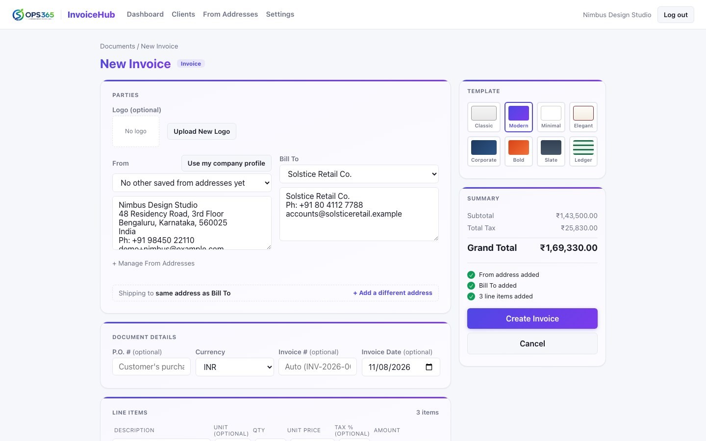 InvoiceHub New Invoice creation form with a live template picker and running total