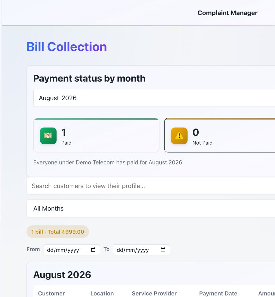 Bill Collection screen showing monthly payment status and a payment record