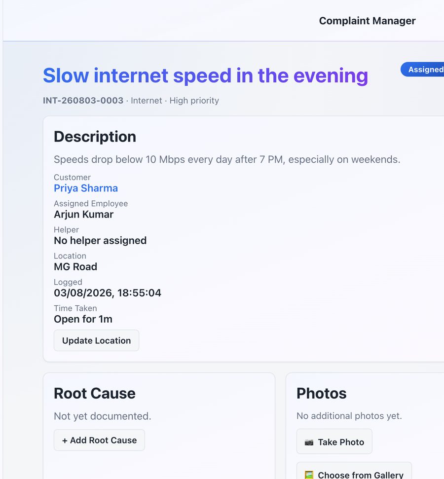 Complaint detail screen showing status, assigned employee, and timeline