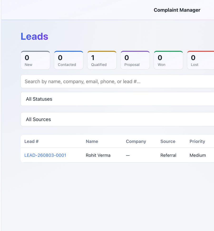 Leads pipeline showing a lead moving through New, Contacted, Qualified stages