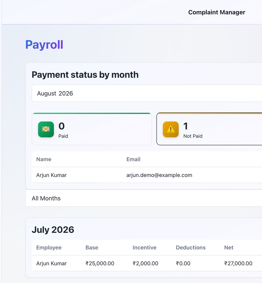Payroll screen showing an employee's base salary, incentive, and net payment
