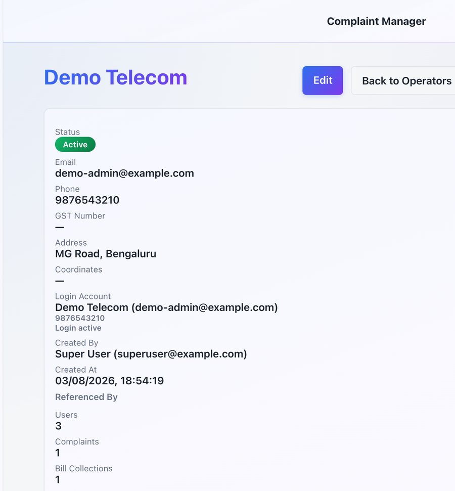 Operator profile screen showing business details and usage counts
