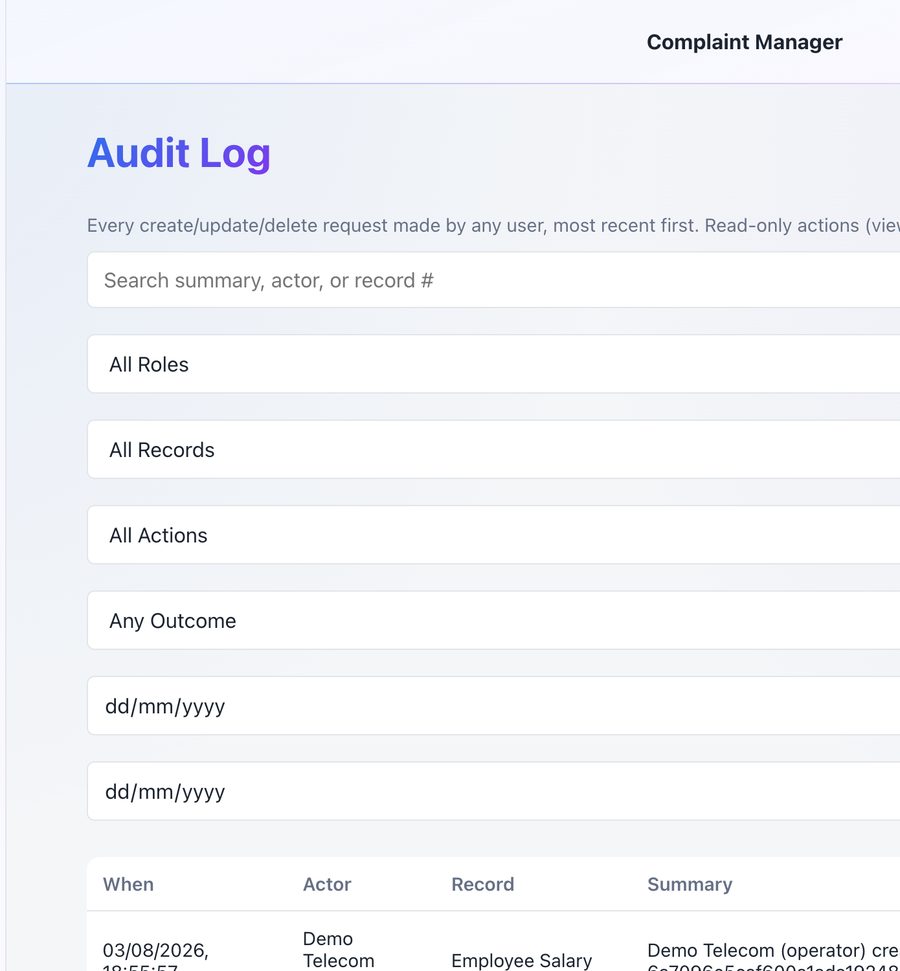 Audit Log screen showing filterable, timestamped records of every action